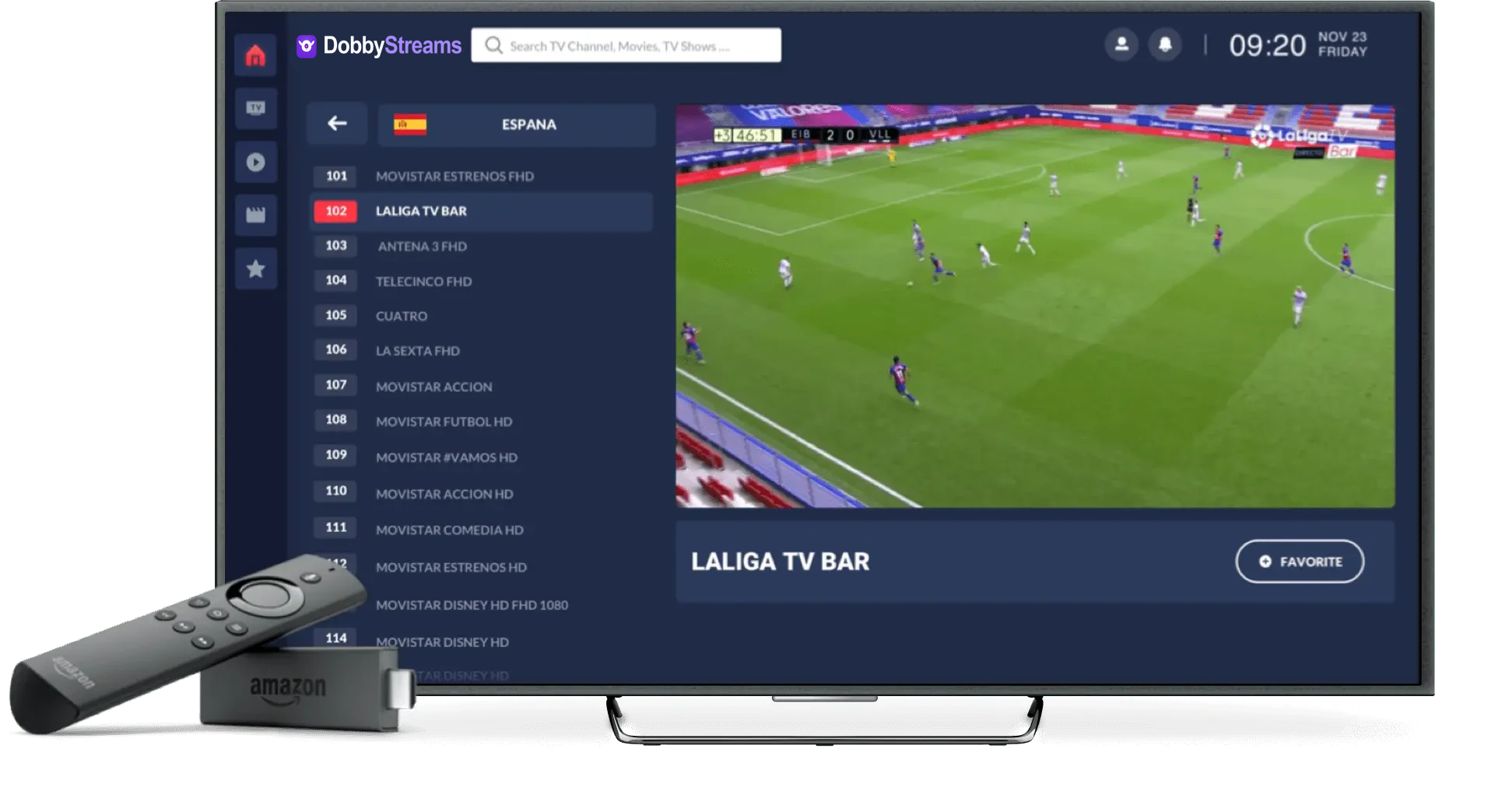 DobbyStreams IPTV interface with LaLiga TV Bar